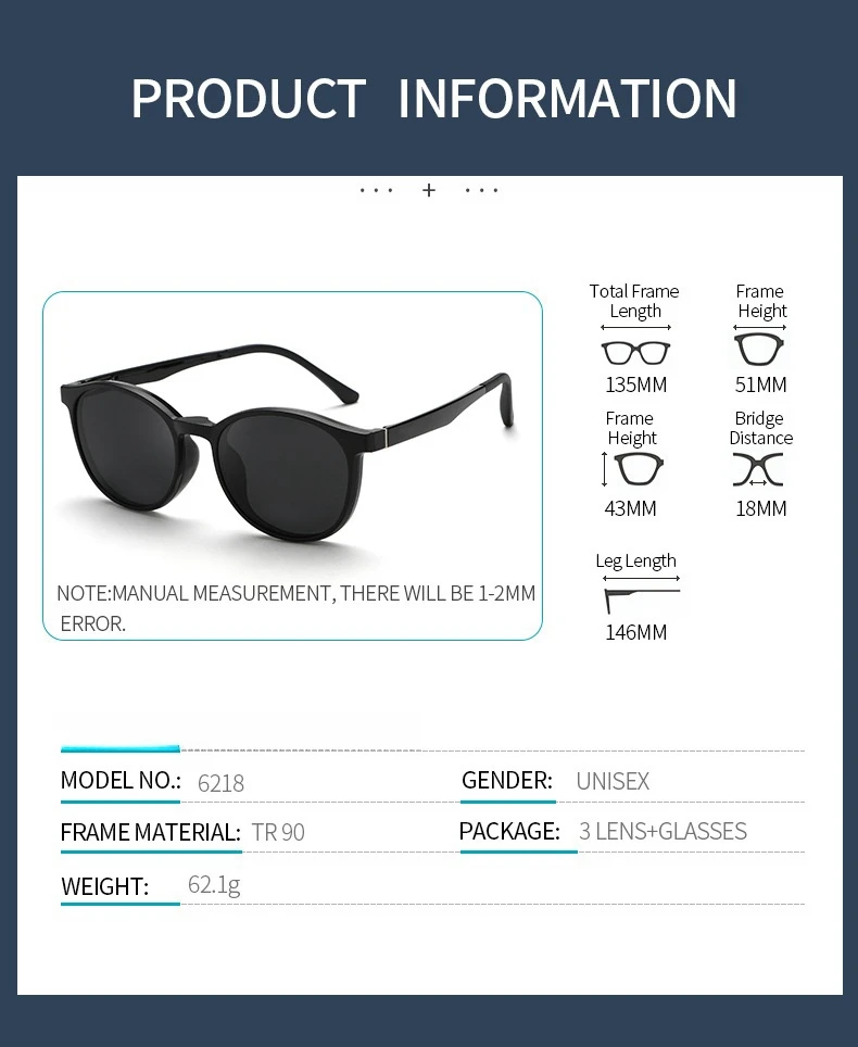 YIMARUILI Mode TR90 Magnetische Polarisierte Clip-on Gläser Retro Runde Optische Brillen Rahmen Männer und Frauen 6218 – Detail 7