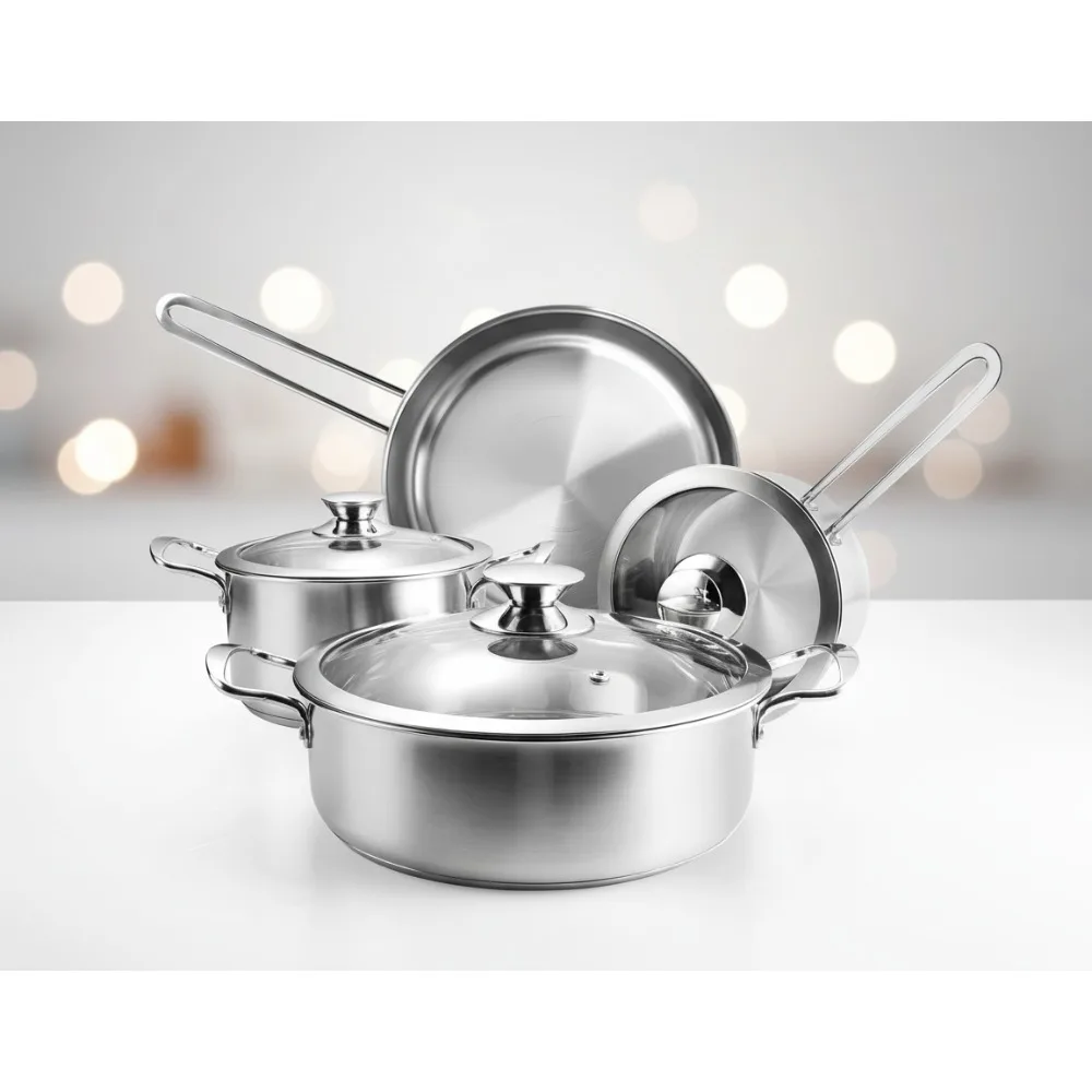 

7-Piece Stainless Steel Cookware Set with Glass Lids, Induction Compatible, Oven Safe & Dishwasher Friendly