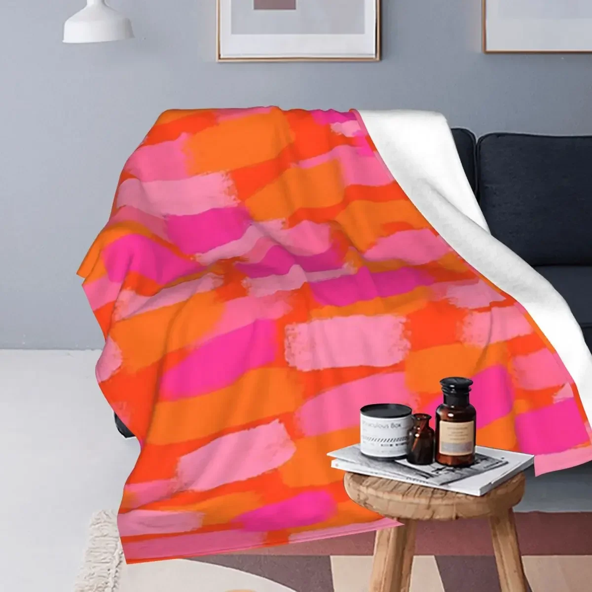 Abstract, Pink And Orange, Paint Brush Effect Blankets Fleece Throw Blanket Sofa Throw Blanket For Couch Travel Throws Bedspread