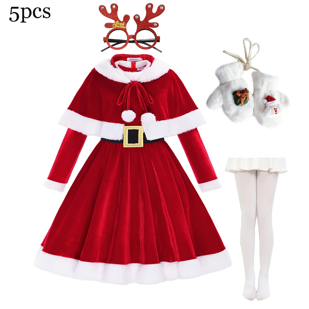 Christmas Dress Girl For Carnival Party 2 Piece Dress+Cloak Cute Bunny Ear Red Velvet Santa Claus Costume Long Sleeve Elk Xmas