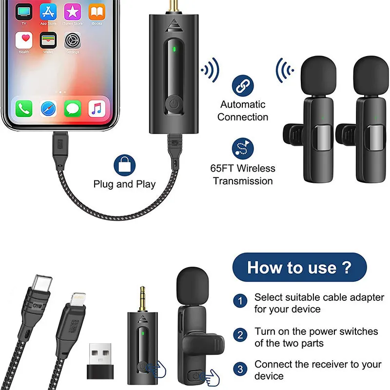 K35 Pro 2.4G Wireless Technology Noise-Cancelling Collar Clip  Microphone Reduction Type-C Lightning for iPhone iPad Android Liv