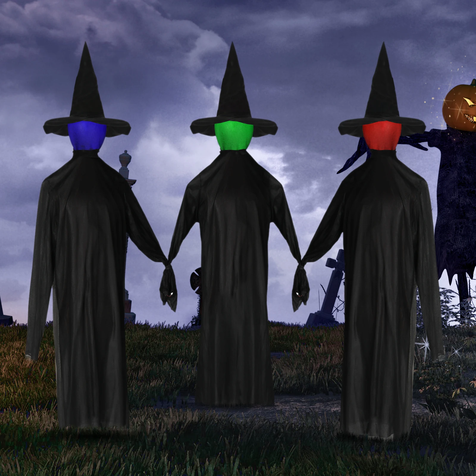 5.25FT Halloween Light-up Witches Voice Control Screaming Witches Scary Decoration Sound Activated Witches Holding Hands for Home