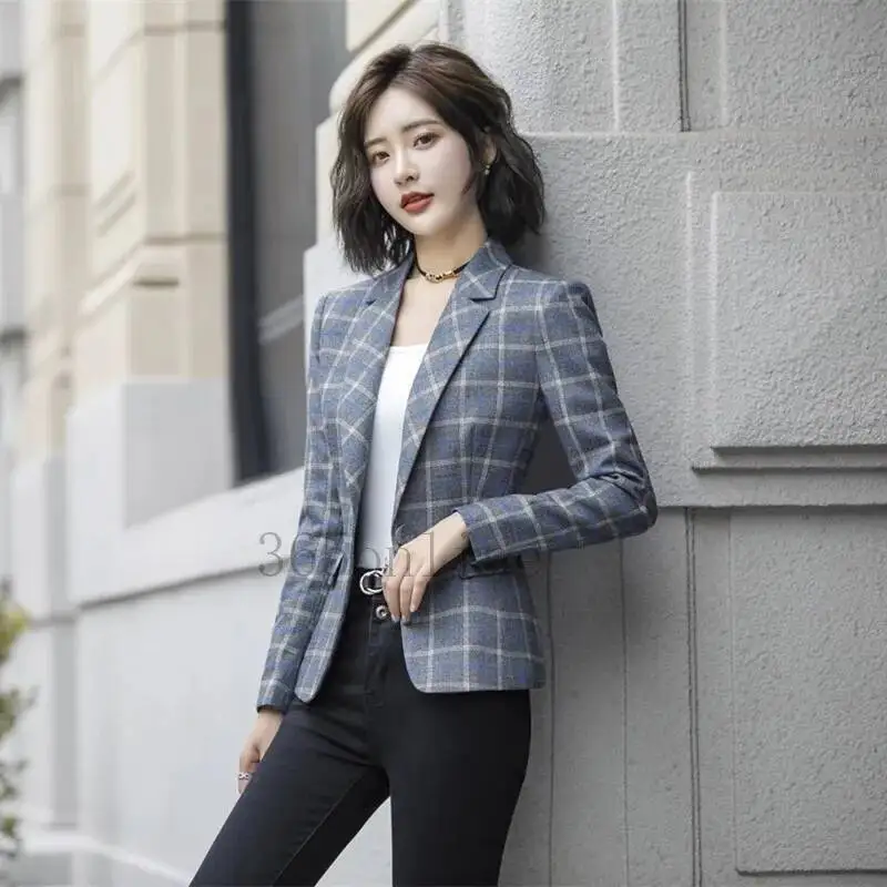 High Quality Fabric Fashion Plaid Women Business Blazers and Jackets Coat With Pocket OL Styles Work Wear Blazer Outwear Tops