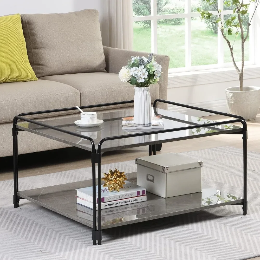 Coffee Table Modern Faux Marble Centre Table Simple Cocktail Table High Gloss Tabletop Metal Leg for Living Dining