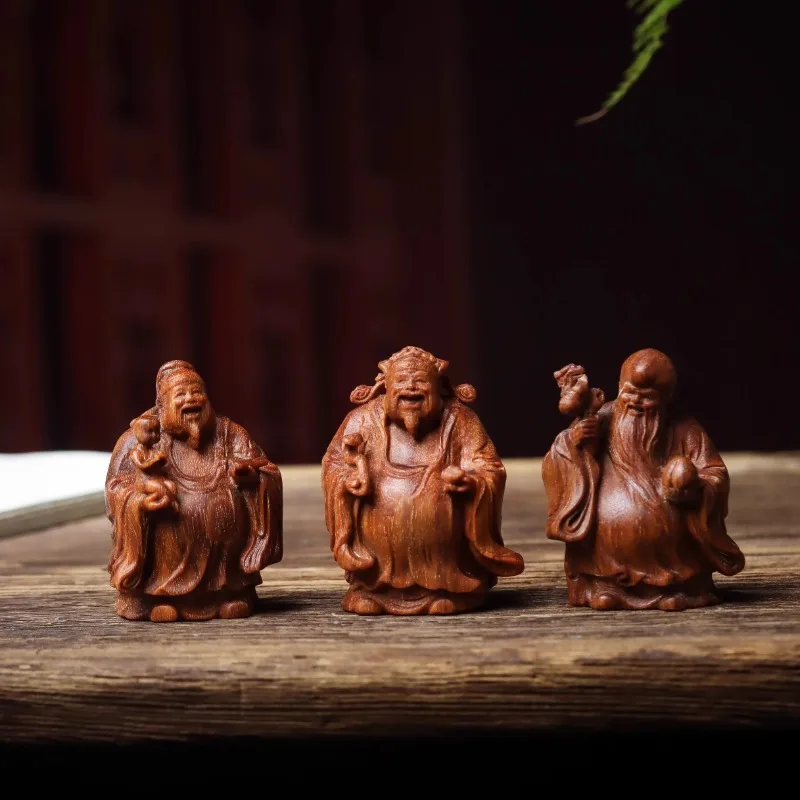 Hand Carved Small Wood Fu Lu Shou Gods Set of 3 Figurine - Prosperity Wealth Longevity Ornament Home Office Desk Decor Gift