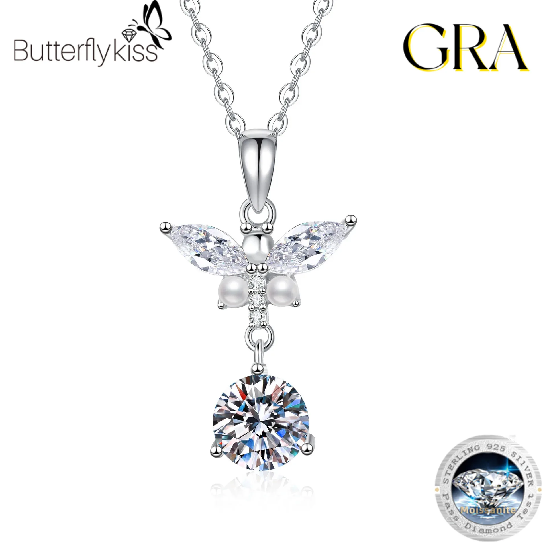 

Butterflykiss Pendant Necklace 100% Real Silver 925 Chain Round 1CT Moissanite Necklace For Women Charm Gift Birthday Jewelry
