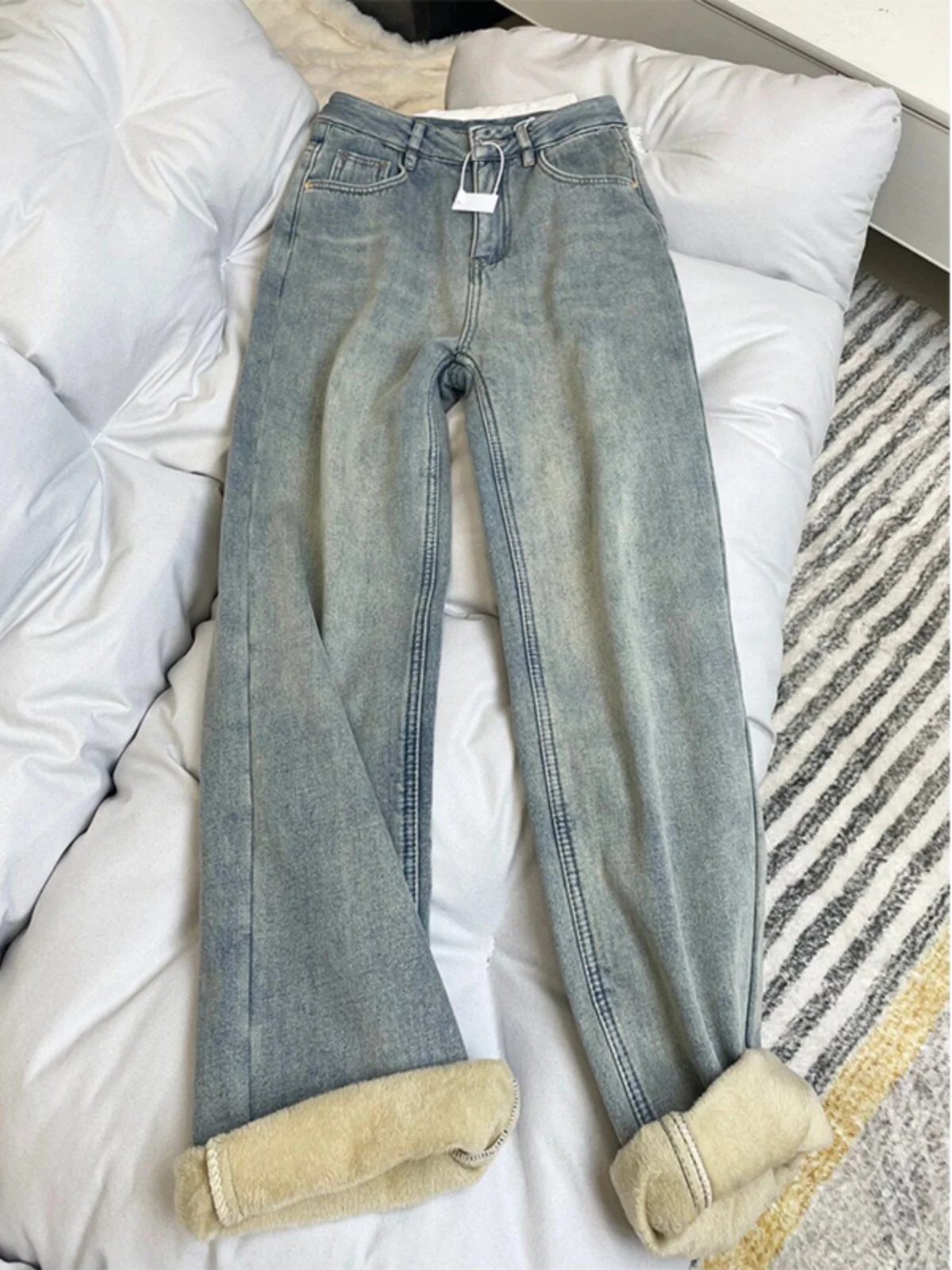 حجم كبير Fce اصطف Thiened مايكرو متوهج الجينز المرأة عالية الخصر الخريف مرونة حجم كبير 2024 جديد Sle متوهج السراويل