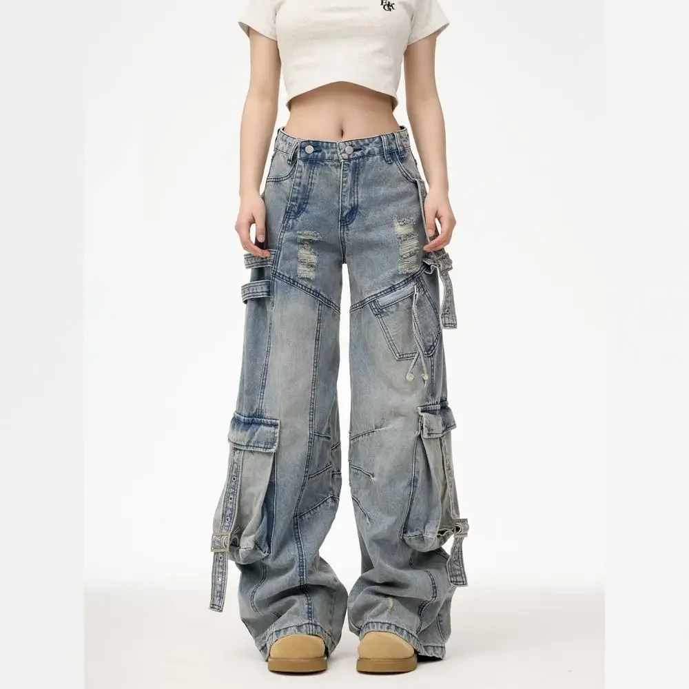 American Style Men's Jeans Solid Color Multi Pockets Casual Worn-out Trousers Deconstruction Wide Leg Women Denim Pants