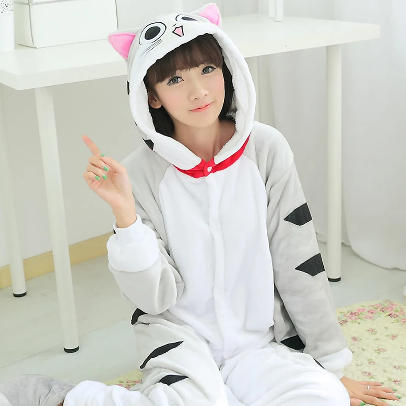 Unisex Winter One-Piece Cartoon Grey Cat Pajamas With Two Pink Pointed Ears Polyester Warm Comfortable Lovely Sleepwear Cosplay