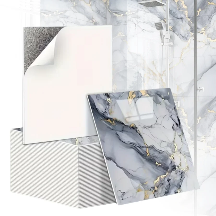 

10PCS 3D Marble Effect Tile Stickers Waterproof Self Adhesive Panels for Bathroom Kitchen Wall Floor Renovation Home Decor