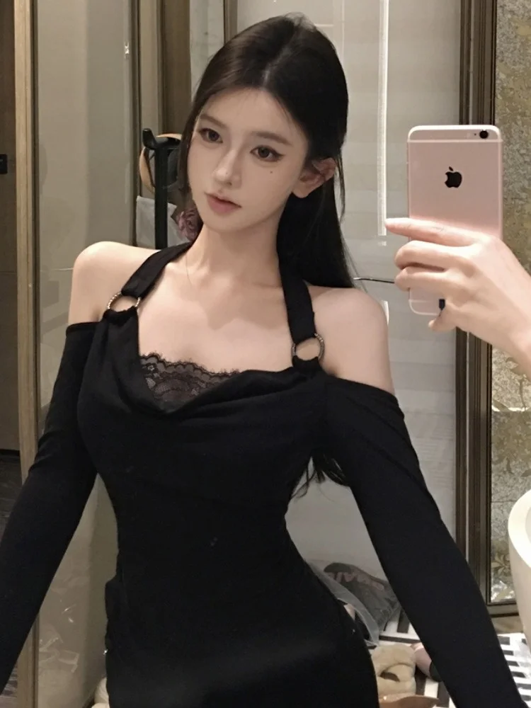 

Sexy Lace Splice Long Sleeve T-Shirt Neck Hanging Design Base Layer Inner Wear Slim Fit Women's Fashion Commute Style Korean ...