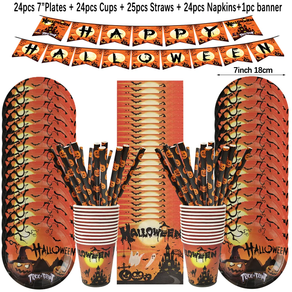 Halloween Pumpkin Disposable Tableware Bat Skeleton Castle Paper Plates Cups Napkins for Halloween Horror Party Decor Supplies