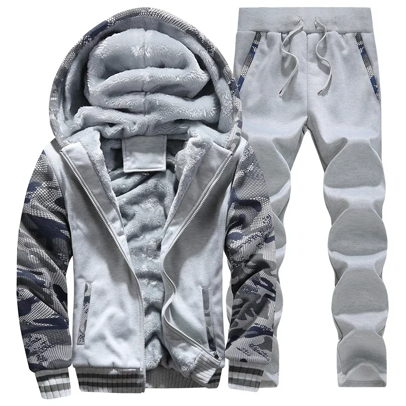 New Winter Fleece Thicken Men\'s Two-piece Zipper Sports Set Hooded Thermal Suit Casual Oversized Tracksuit 4XL 5XL Funny Suit