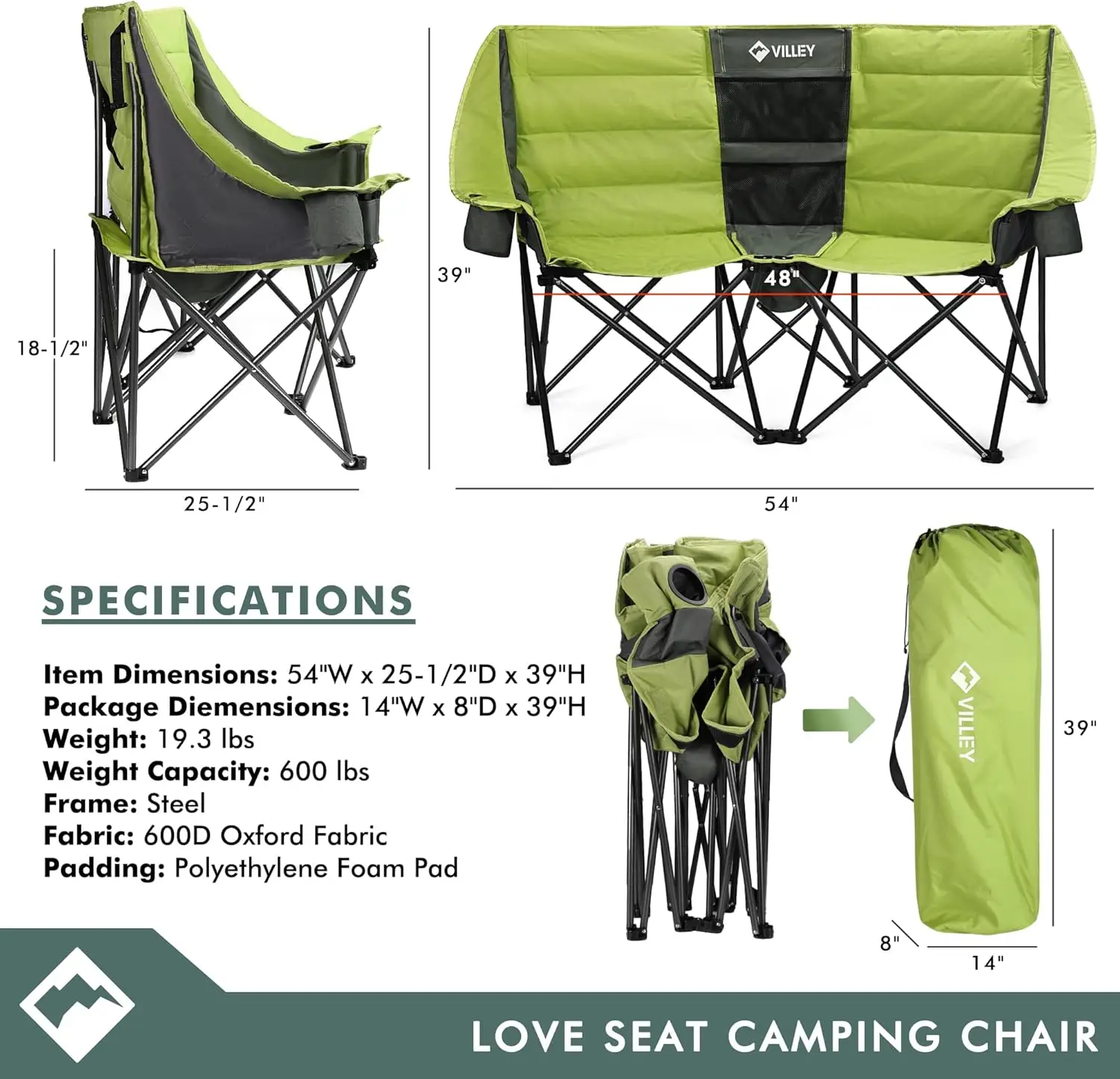 Double Camping Chair w/Cooler Bag, Extra Wide Loveseat, Heavy Duty Padded Camping Couch, Portable Folding Chair w/Carry Bag Stee