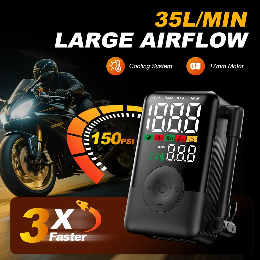 Carsun Cordless Rechargeable Air Pump, 17mm Digital Inflator, Portable Compressor for Motorcycle Bicycle Sports Balls