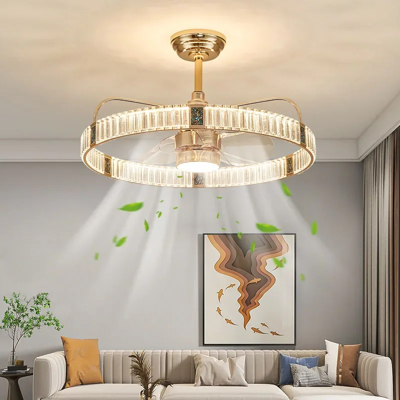 مراوح سقف كريستال LED فاخرة مع ضوء وجهاز تحكم عن بعد ذهبي جديد بريق المنزل الفكرية لمصابيح سقف غرفة المعيشة