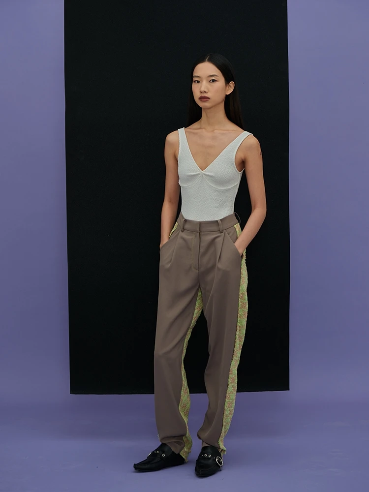 

High Waist PICAL ME Harem Pants Patchwork Frayed Tweed Decoration Casual Pants Women's Premium Faion Trousers