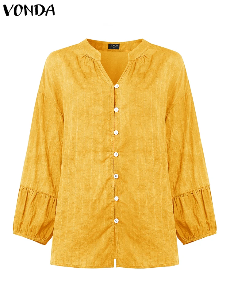 

Женские рубашки VONDA, 100% хлопок, осенняя блузка с длинным рукавом, мода 2025 г., элегантные офисные женские топы с пышными рукавами и v-образным вырезом, повседневные блузки