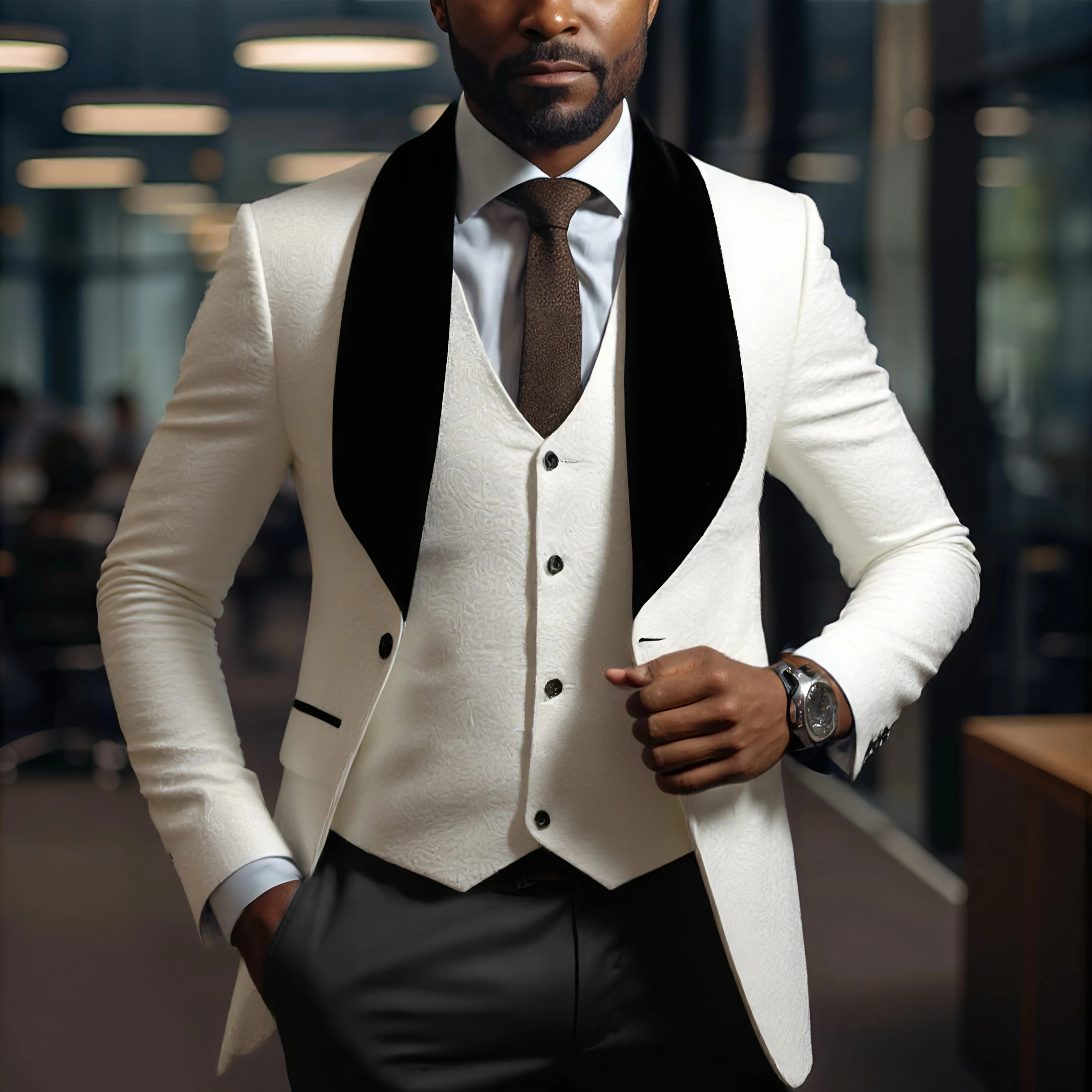 

Формальные мужские свадебные костюмы из трех предметов цвета слоновой кости с шалью и лацканами, блейзер, жилет и брюки, комплект Slim Fit, деловые костюмы, комплект для вечеринки, выпускного вечера