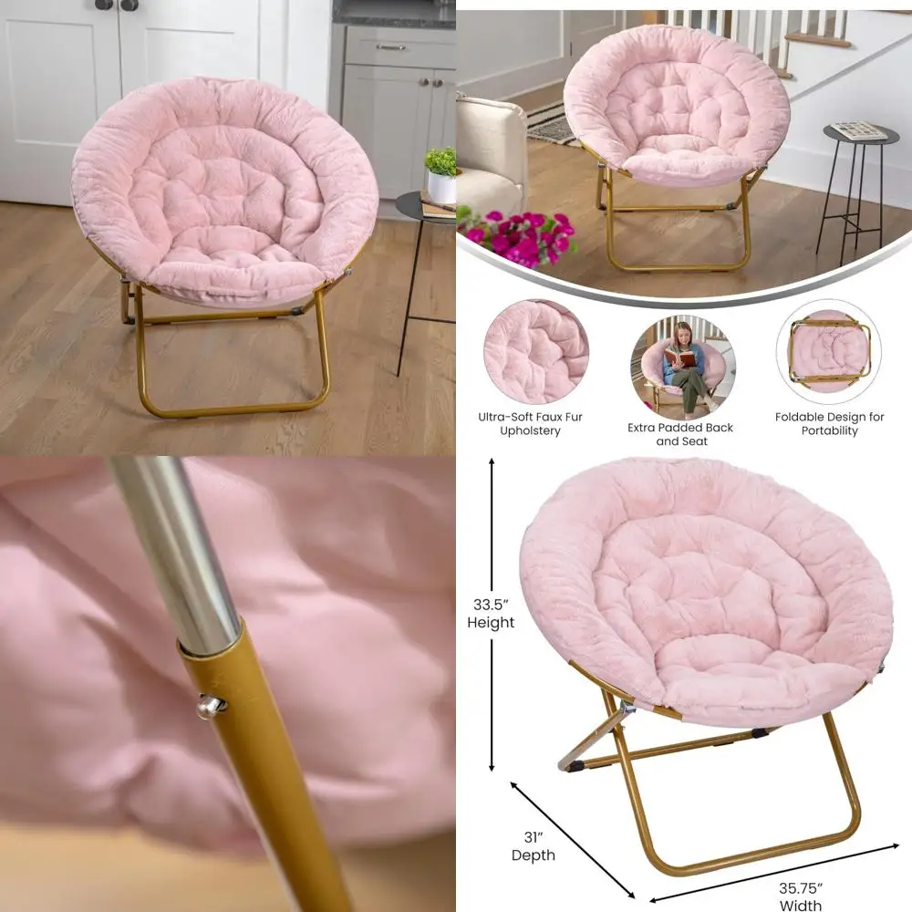 كرسي محمول قابل للطي من الفرو الصناعي كبير الحجم للمساكن وغرف النوم، إطار ذهبي ناعم، فرو صناعي أحمر الخدود، مثالي للراحة #1