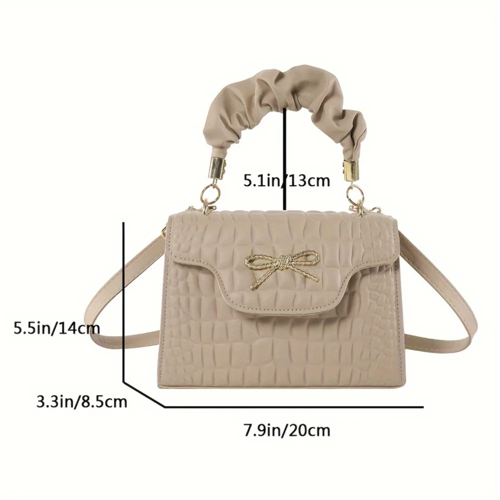 Crocodile Pattern PU Handheld Small Square Bag with Bow Flap - Fashionable Shoulder Crossbody Bag