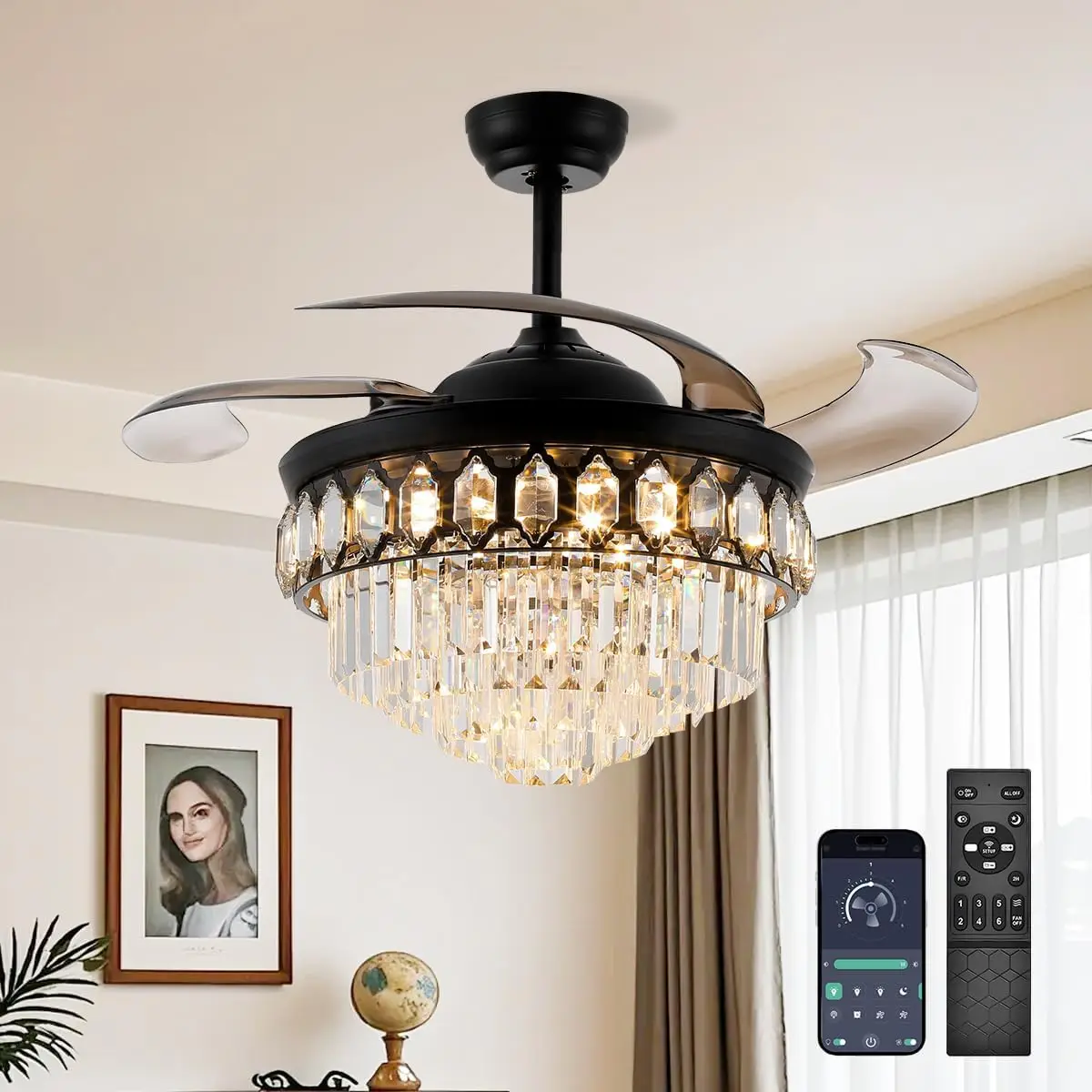 

48-inch black pendant ceiling fan, extendable modern pendant fan with 6-speed LED dimming crystal ceiling fan App/Remote Control
