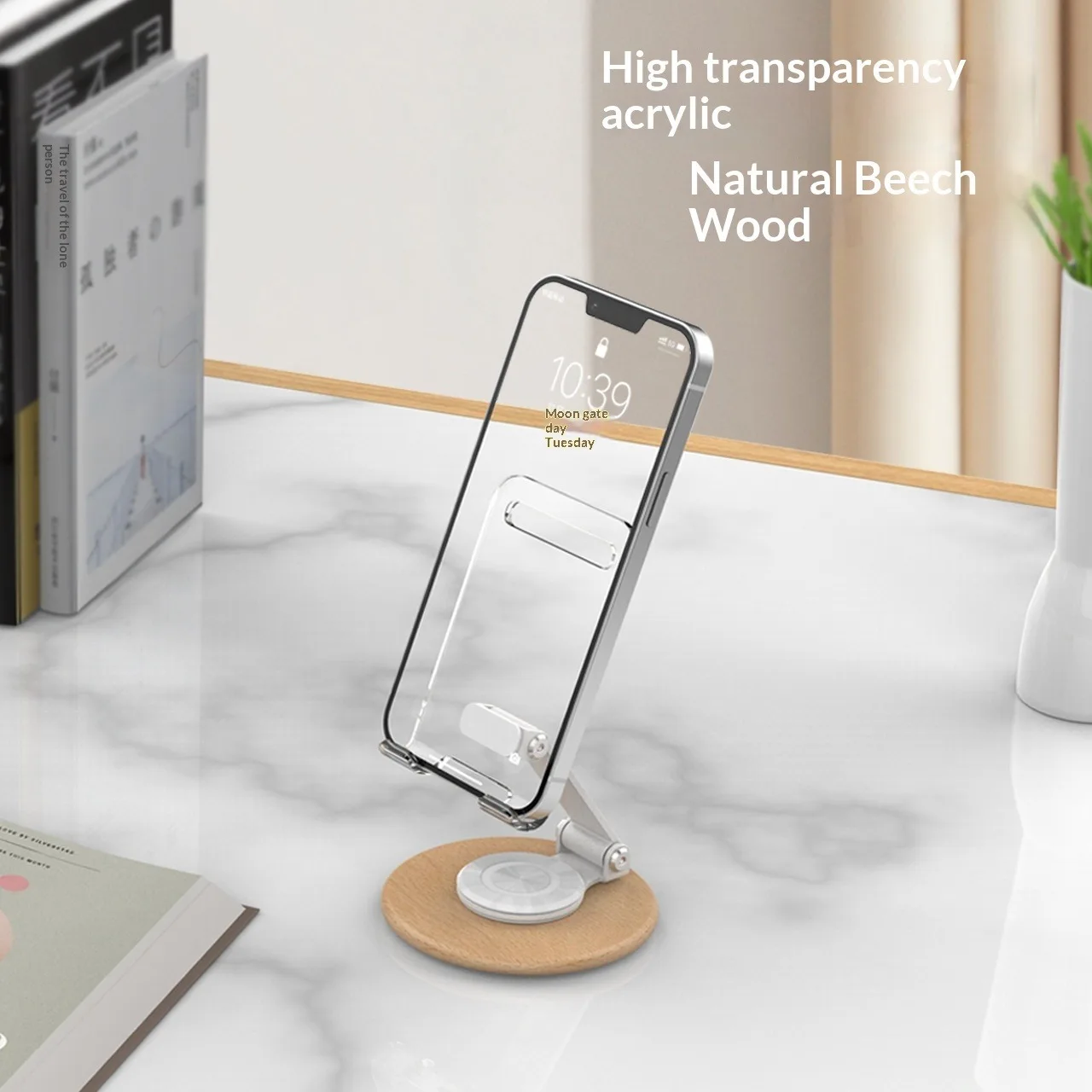 Transparent Acrylic Beech Wood 360 Rotating Phone Tablet Stand, Aesthetic Desktop Holder for Cell Phone iPad, Lazy Bracket