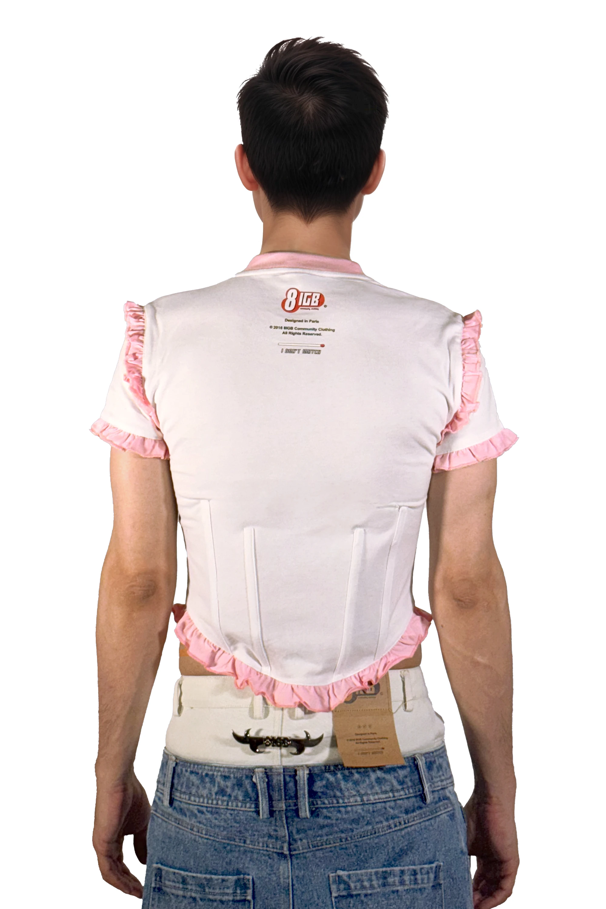 HIGH-END MEN'S CLOTHING NEW corset t-shirt Fitted tee featuring knit O-neck embroidered slogan tees contrasting pink gather tops