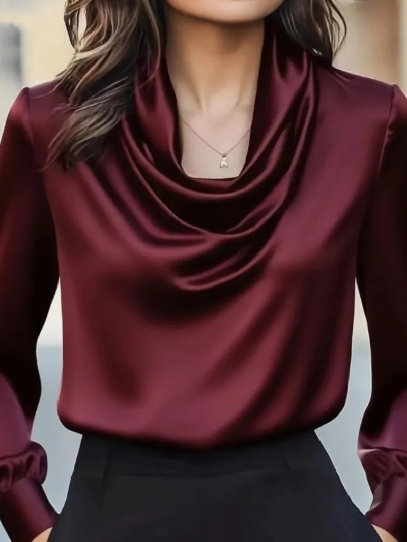 Long Sleeve Satin Cowl Neck Blouse Women Elegant Office Shirt