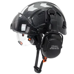 Construction Safety Helmet with Double Goggles Earmuffs ABS Carbon Fiber Pattern Hard Hat ANSI Engineer Work Cap Head Protection