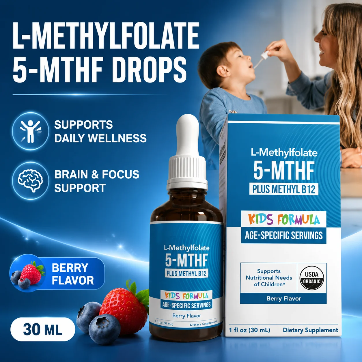 Kids L-Methylfolate 5-MTHF Drops Methyl B12 Supports Brain Development Focus Support Mood Balance USDA Organic 30 Servings