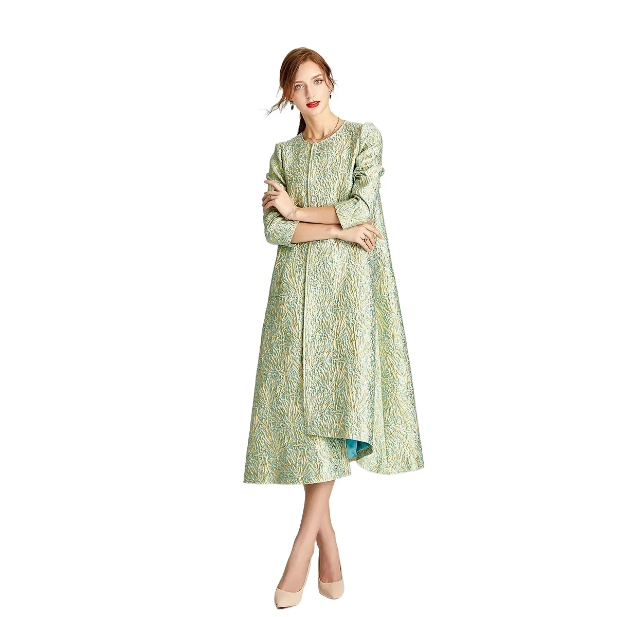 

Luxury Trench Women Autumn Winter Jacquard Coat Floral Covered Button Long Coat Jacket Overcoat Big Size Asymmetric Length