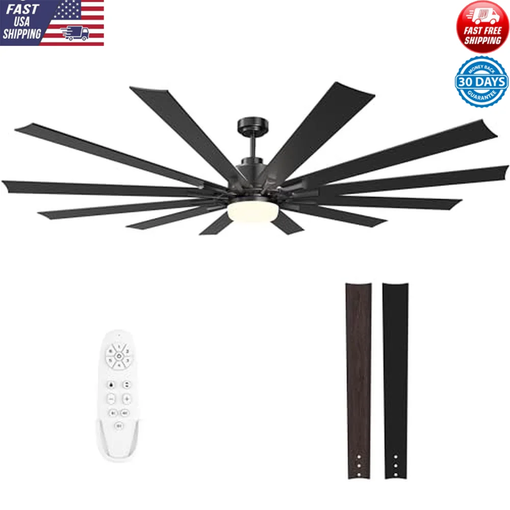 72" Large Ceiling Fan with Lights Remote Outdoor Indoor 12 Blades Air Volume DC Motor 3CCT Reversible Blade Memory Timer LED