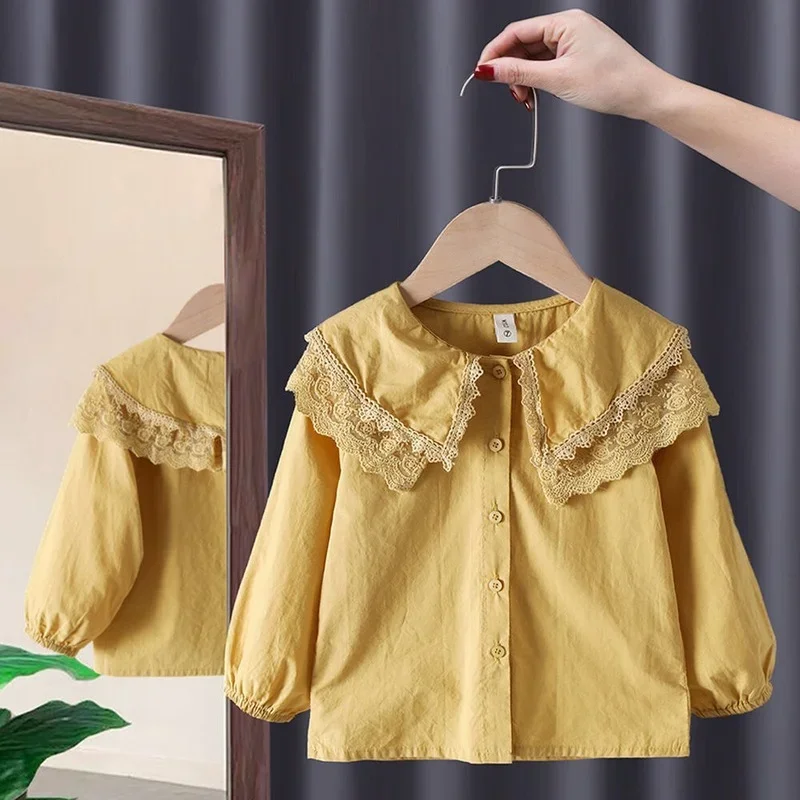 Spring Autumn Girls Blouses kids Shirts Long Sleeve Shirts Children\'s Lace Princess Bottoming Shirts 2022 New Western Style Baby