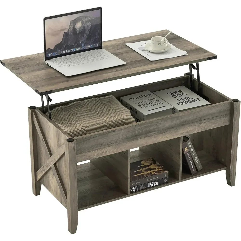 Farmhouse Lift Top Coffee Table, Coffee Table with Lift Top, Lift Up Pop-Up Coffee Table with Storage Shelf/Hidden Compartment