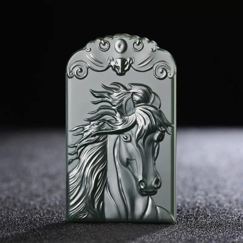 

Hetian Green Jade Pagoda Qing Fine Success Pendant Zodiac Horse China Ancient Carving Natural Necklace Exquisite Jewelry