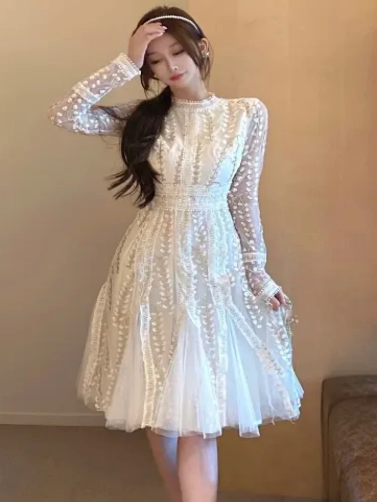 aliexpress runway dress SMTHMA New Fashion Runway Vintage Mesh Embroidery Dress Women's Long Sleeve  Black Lace Hollow Out Flower Dress Vestidos
