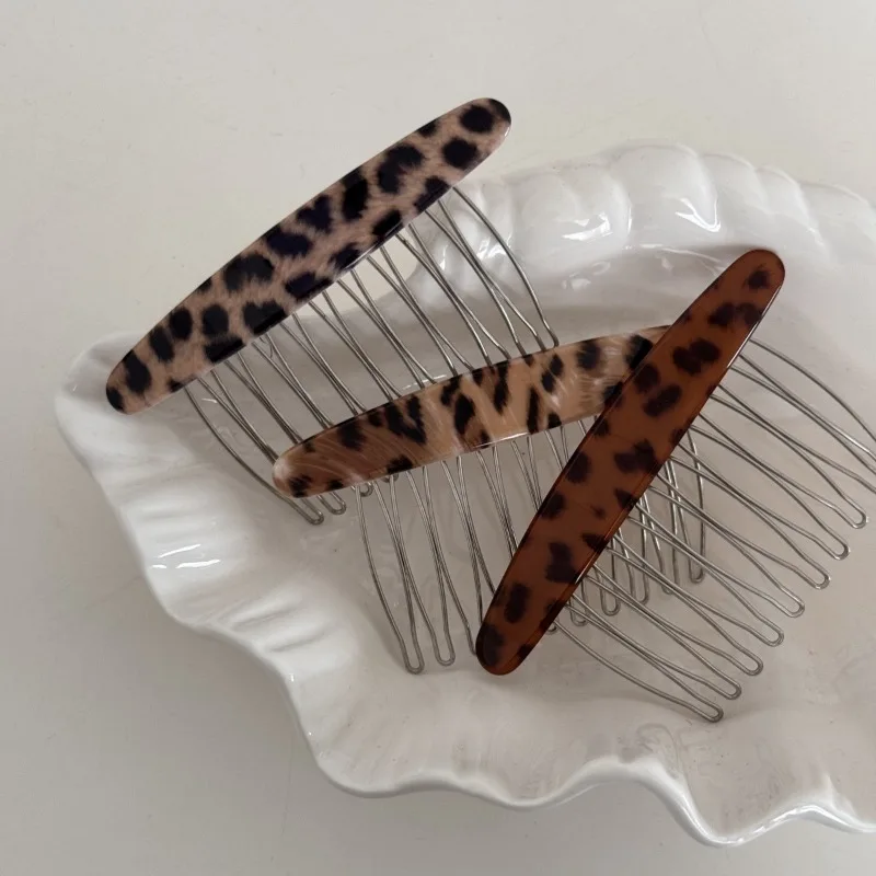 Leopard print mature wind oval plug comb simple hairpin bangs comb disc hair comb plug comb hair accessories headgear