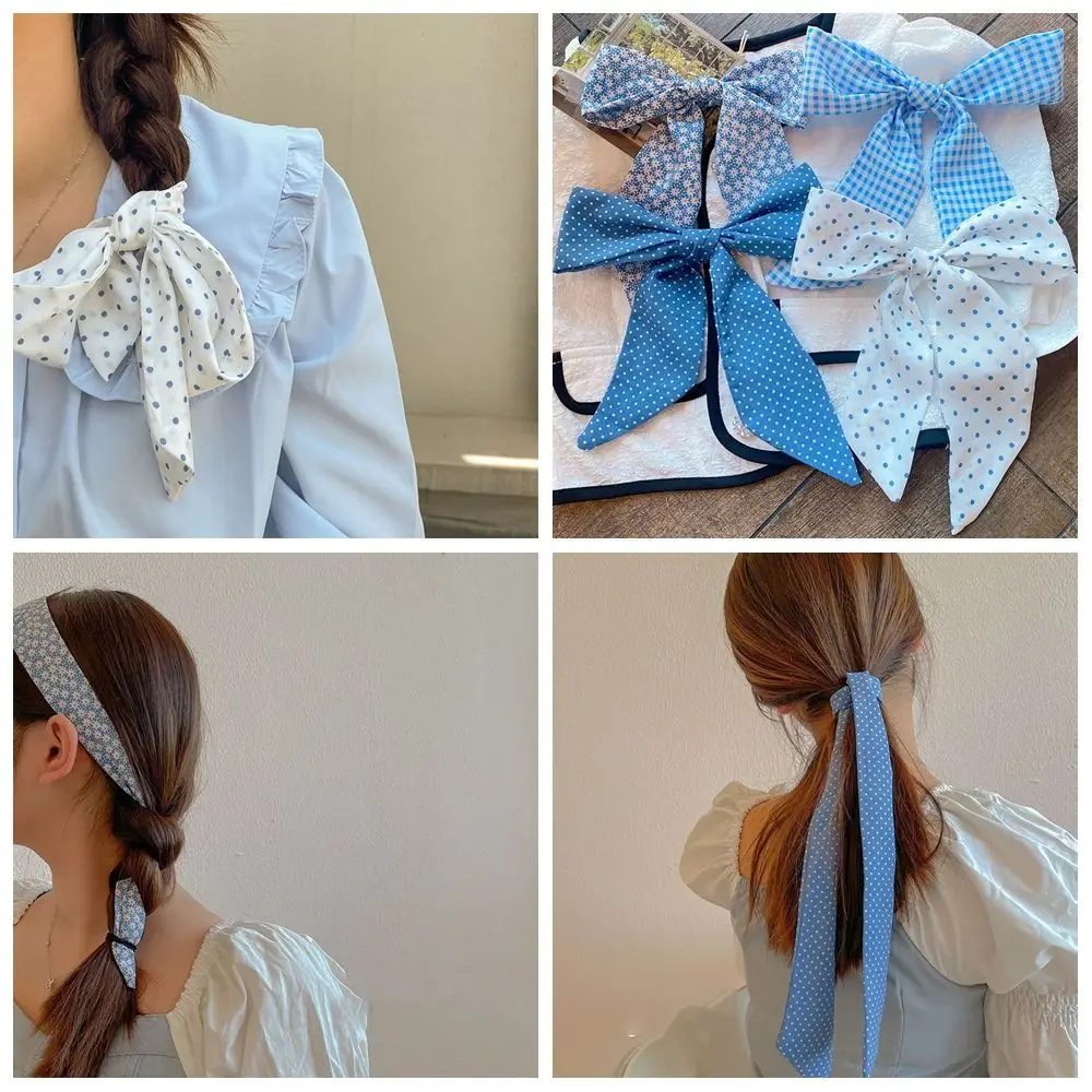 

Голубая серия в горошек, повязка для волос с цветком, клетчатая лента с косами, повязка на голову в корейском стиле, шейный платок, длинные шарфы на шею, пляжные шарфы