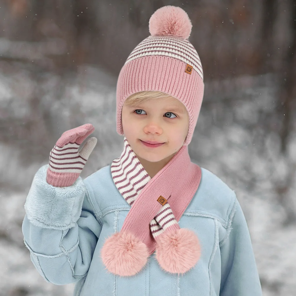 Conjunto de cachecol e luvas de malha listrada infantil, pompom de pele bonito, conjunto de inverno quente para meninos e meninas, crianças 2-8 anos, 3 peças