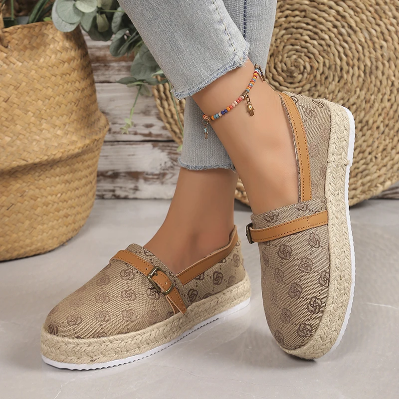 2024 Autumn Print Platform Women Casual Shoes Women's Thick Braided Bottom Loafers Woman Large Size 42 Buckle Decor Flats