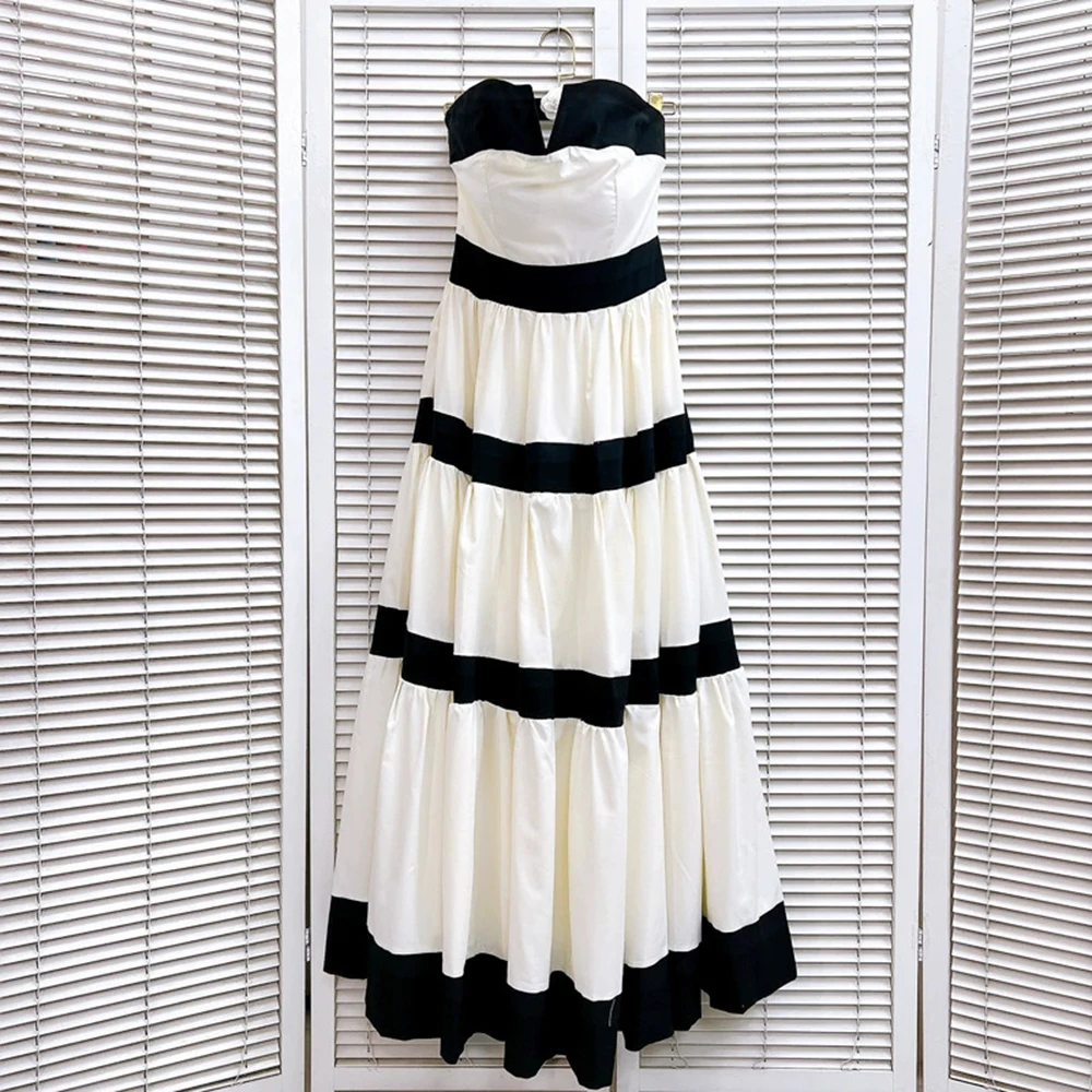 

French style, small and elegant style, tube top, contrasting stripes, big bow decoration dress, long dress-GZXX258