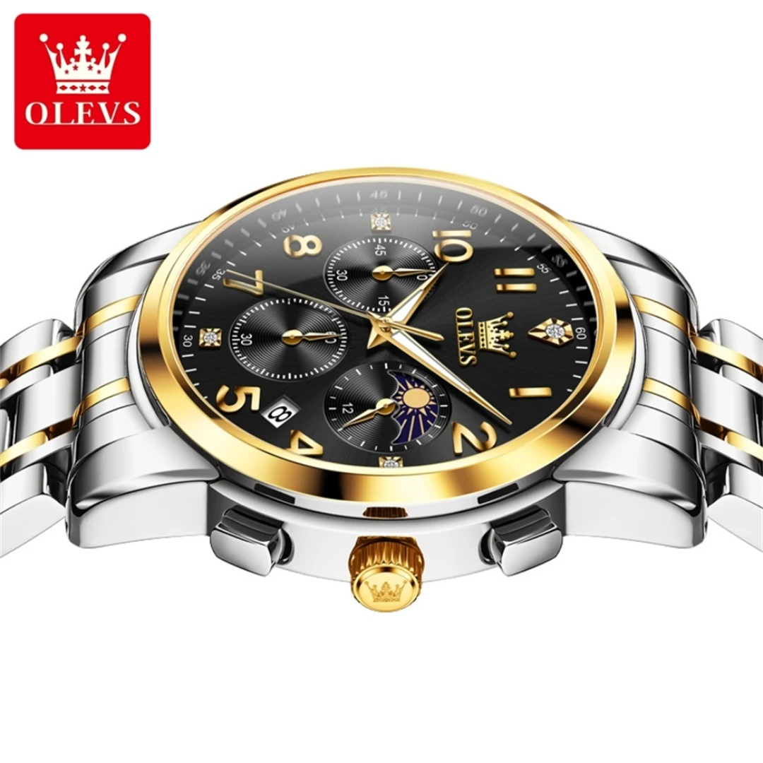 OLEVS-Montre-bracelet à quartz en acier inoxydable, bracelet de montre à cadran rond, phase de lune Shoous, petite seconde, cadeau de mode, 3628