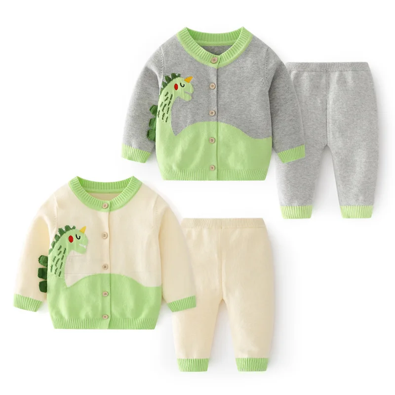 New Spring Autumn 0-3 Year Baby Boy 2PCS Clothes Set Patched Dinosaur Sweaters Woven Cotton Knitted Pants Suit Infant Boy Outfit