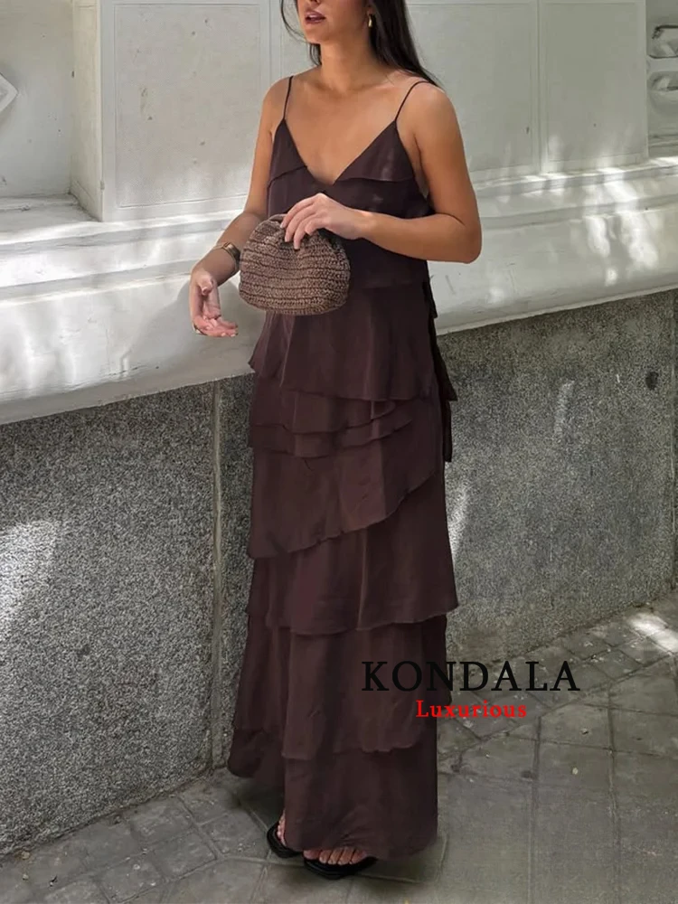 KONDALA-vestido camisola elegante y Sexy para mujer, vestido largo asimétrico con volantes en capas y cuello en V, vestido playero para vacaciones de verano a la moda