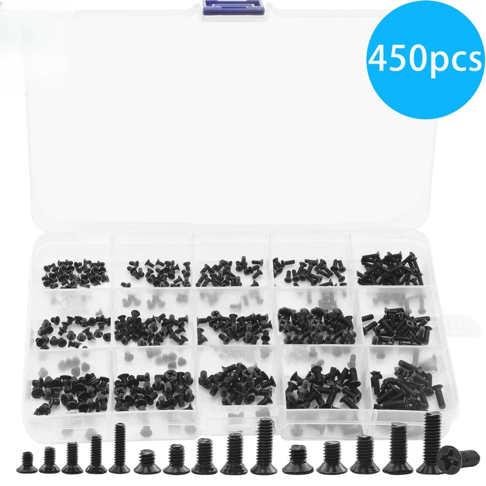 

450pcs Box Black Countersunk Head Cross KM Screws M2 2.5M M3 Common Carbon Steel Computer Notebook Screws 15 Types Mini Screw