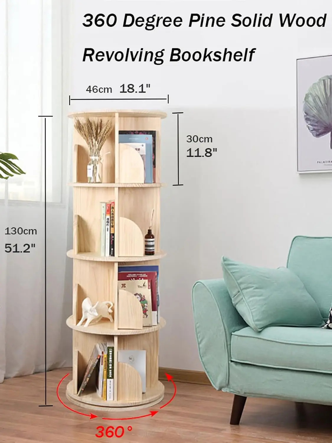 360 Degrees, 4 Tier Stackable Solid Wood Bookshelf Organizer, Storage Display Rack Floor Standing Bookcase for Kids&Adults (51"x