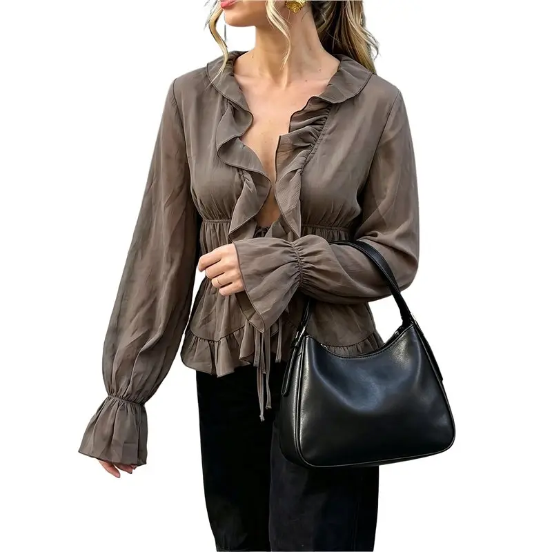 CYL-Women Elegant Deep V Neck Full Ruffle Trim Front Tie Peplum Bell Flare Long Sleeve Chiffon Blouse