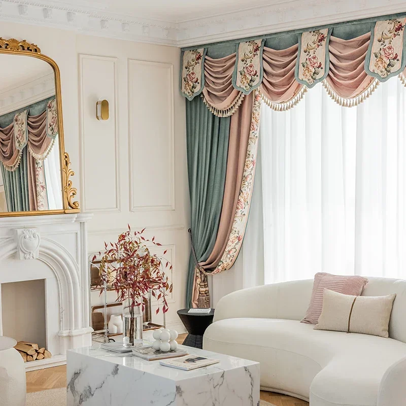 Rideaux en velours bleu rose avec coutures brodées rétro, pour salon, chambre à coucher, décoration de Villa, rideaux occultants sur mesure
