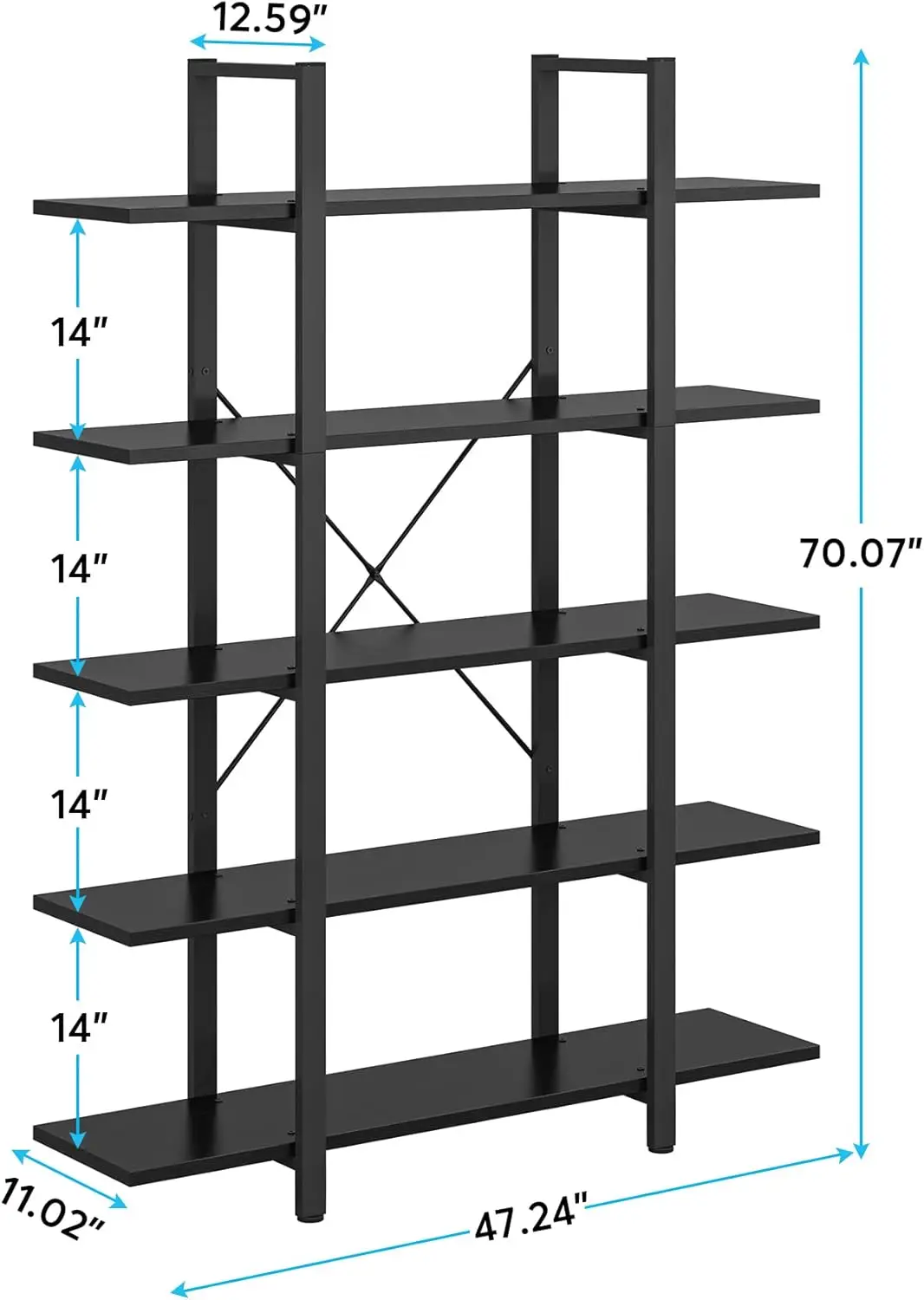 5-Tier Bookshelf, Vintage Industrial Style Bookcase 72 H x 12 W x 47L Inches, Black